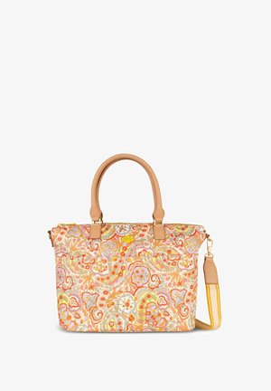 Sac en tissu avec motif floral paisley en rose, orange et vert. Doté de poignées en cuir tan et d'une sangle ajustable. Fermeture éclair.