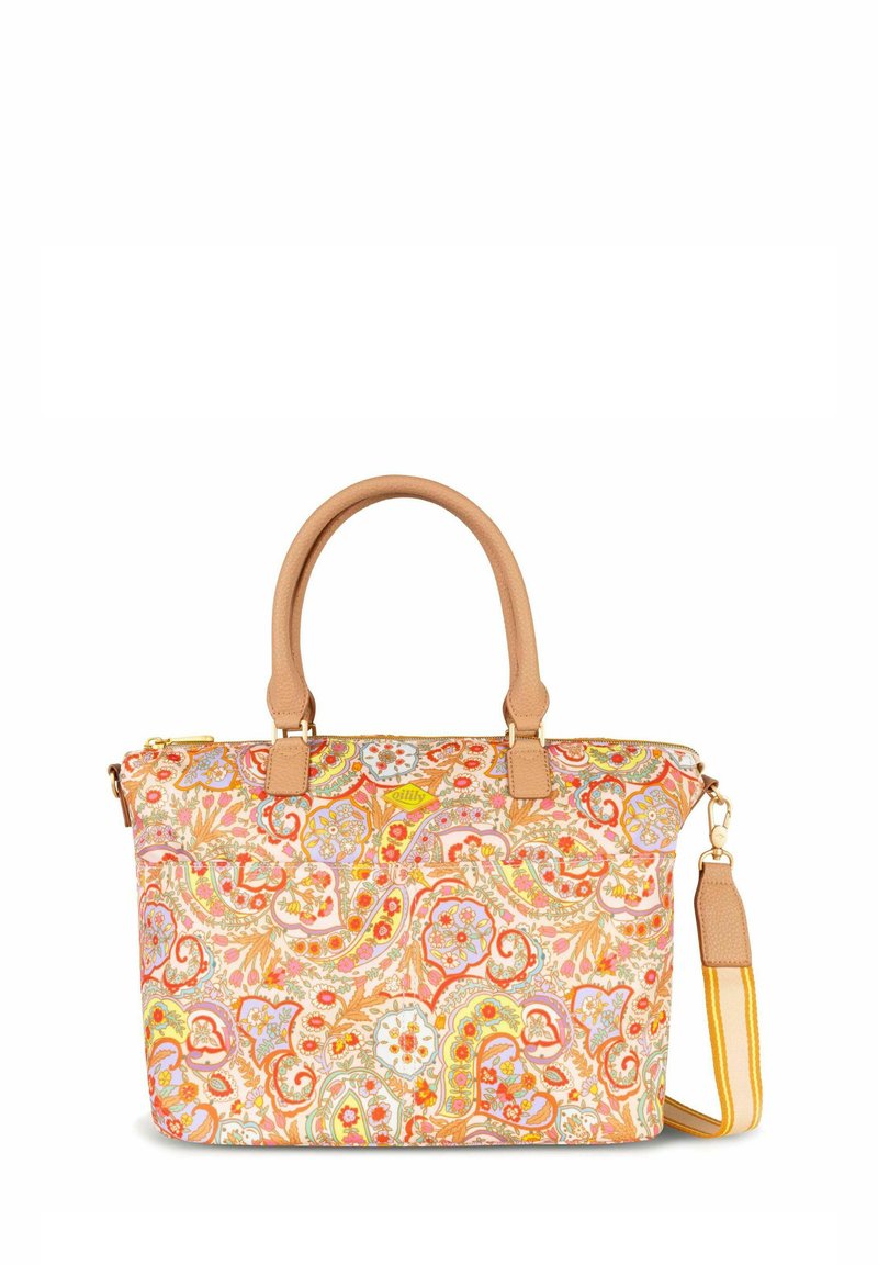 Borsa in tessuto con stampa floreale paisley nei colori rosa, arancione e verde. Presenta manici in pelle beige e una tracolla regolabile. Chiusura con zip.