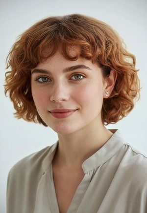 Portrait einer Person mit kurzen, lockigen, rötlich-braunen Haaren, die eine hellgraue Bluse mit Kragen und kleine, runde Ohrringe trägt.