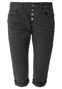 Pantalons noirs cropped avec un devant à boutons, comportant cinq boutons en métal, un léger ruché et des ourlets retroussés. Fabriqués dans un tissu doux et extensible.
