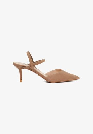 Tan suede slingback with a pointed toe, thin ankle strap, and a 3-inch heel. Smooth surface, minimalist design, and subtle gold accent.