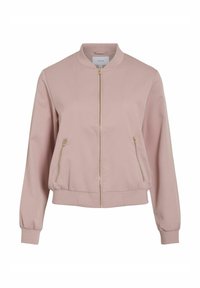 Veste bomber pour femme rose clair avec fermeture éclair dorée, deux poches zippées, col, poignets et ourlet côtelés, présentée sur un fond blanc.
