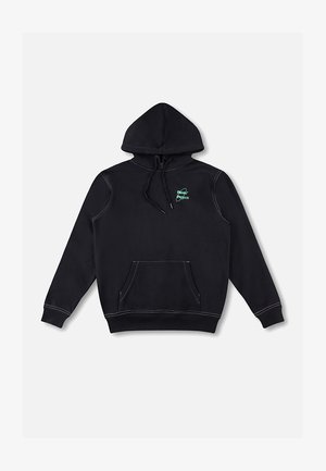 Sudadera con capucha negra con bolsillo frontal tipo canguro, capucha con cordón ajustable y pequeño logo verde en el pecho izquierdo que dice "Penny Projects".