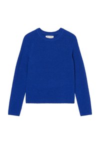 Koninklijk blauwe trui gemaakt van zachte, gestructureerde stof. Heeft een ronde halslijn en lange mouwen, met ribgebreide boorden en zoom.