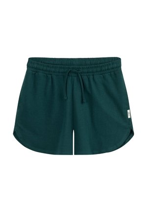 Dunkelgrüne Freizeithosen mit elastischem Bund und Kordelzug, gewelltem Saum und kleinem Seitentag auf schlichtem weißem Hintergrund.