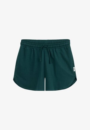 Donkergroene casual korte broek met elastische tailleband en trekkoord, afgeronde zoom en klein zijlabel op een effen witte achtergrond.