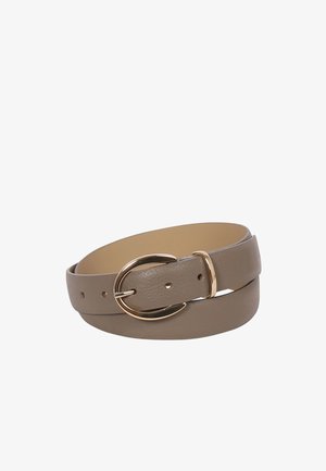 Gray leather belt with a double loop design, features a gold-tone metal buckle and adjustment holes. Smooth texture, minimalistic style.