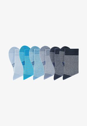 Set of ten cotton socks in varying shades of blue and gray, featuring solid colors and stripes. Each sock has a ribbed cuff.