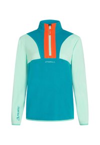 Tropfengrüner Pullover mit halbem Reißverschluss; mit orangefarbener Akzentplatte und "O'Neill"-Logo. Hergestellt aus weichem, strukturiertem Stoff; mit langen Ärmeln.