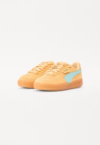 Zapatillas de ante naranja con rayas de acento turquesa y una suela de goma texturizada. Presentan punta redonda y cordones planos. Diseño deportivo clásico.