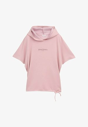Pull en rose avec capuche, manches courtes et cordon à l'ourlet. Texte imprimé "good times" dans une couleur contrastante. Tissu doux et lisse.