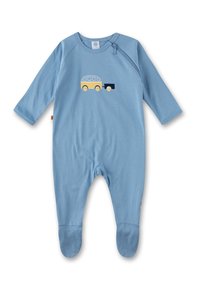 Blauer Baumwoll-Overall mit langen Ärmeln, ausgestattet mit einem gelben und marineblauen gestickten Campervan-Design. Mit Fußteilen und einem Druckknopfverschluss.
