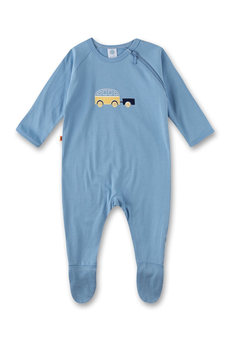Blauer Baumwoll-Overall mit langen Ärmeln, ausgestattet mit einem gelben und marineblauen gestickten Campervan-Design. Mit Fußteilen und einem Druckknopfverschluss.
