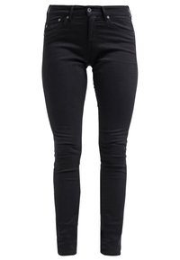 Jean slim noir en denim, avec un design classique à cinq poches et une fermeture éclair avec bouton. Texture lisse et coupe ajustée.