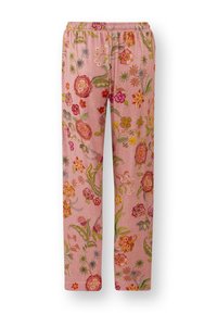 Gestickte rosa Hosen mit floralem Muster, dehnbarem Bund und lockerer Passform. Detailiert mit verschiedenen bunten Blumen und Blättern.