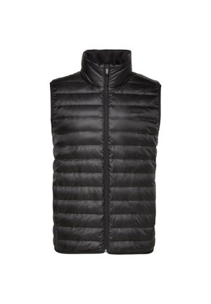 Veste sans manches matelassée noire avec col montant, présentant une texture matelassée, fermeture éclair à l'avant, et sans manches. Fabriquée en matériau léger et brillant.