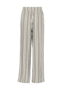 Pantalons larges en tissu léger, avec une base beige et des rayures verticales grises, taille élastique et sans poches.