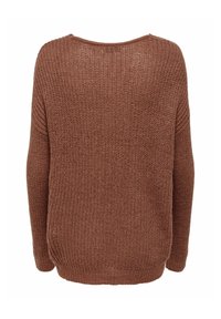 Pull marron en maille à manches longues avec un col rond et un ourlet côtelé, vu de dos sur fond blanc.