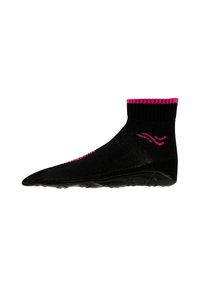 Schwarze Socke mit einem pinken gerippten Bündchen und Logo, die eine stromlinienförmige Form und eine strukturierte Sohle für Grip aufweist. Langlebiges Material, ideal für Sportbekleidung.