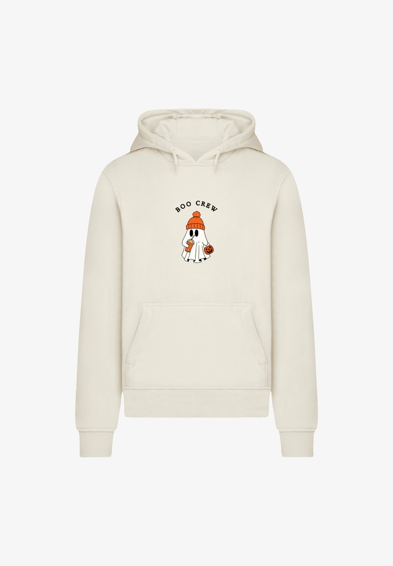 Cream-colored hoodie featuring a ghost graphic with an orange beanie, holding a drink and a pumpkin, and the text "BOO CREW" above.