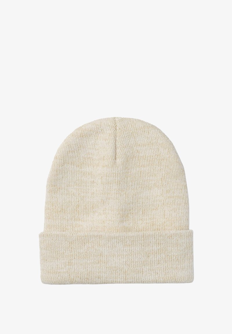 Berretto lavorato a maglia di un morbido colore crema, con risvolto e un motivo testurizzato, realizzato in un materiale leggero e elasticizzato.