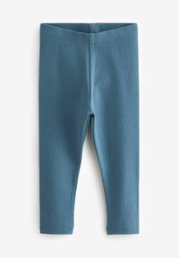 Leggings a coste in un colore teal tenue, con una vita elasticizzata e un design aderente, caratterizzati da una superficie liscia e testurizzata.