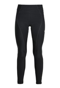 Svarta träningsleggings med en slät, elastisk tyg, som har platta sömmar och en åtsittande design. Inga synliga varumärken eller mönster.