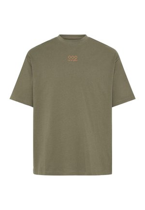 Olive green short-sleeve T-shirt with round neck, featuring small orange text "out of office" and three orange circle icons on chest.
