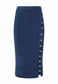 Mornarski olovka suknja izrađena od glatkog materijala, s srebrnim detaljima na bočnim stranama i vertikalnim nabranjima za dodatnu teksturu.