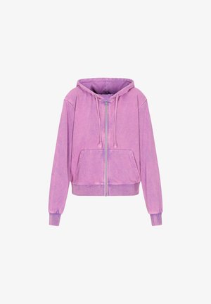 Kapucnis, cipzáras pulóver világoslila színben, elülső zsebbel, helyzettel állítható kötőfékekkel és bordázott mandzsettákkal és aljjal. Puha, texturált anyag.
