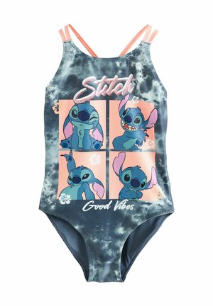 Maillot de bain une pièce avec un motif tie-dye en bleu et gris. Présente des accents roses, quatre impressions du personnage Stitch et le texte "Good Vibes".