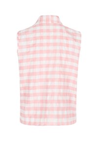 Bez piedurknēm rozā un baltā šaha raksta blūze ar apkakli. Mīksts audums ar vieglu tekstūru, kas piedāvā klasisku gingham rakstu.