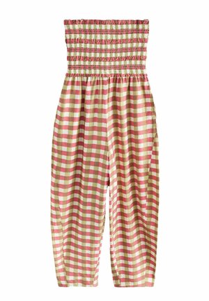 Trägerloser Jumpsuit mit rosa-beigem kariertem Muster, ausgestattet mit gerafftem, elastischem Bustier und locker geschnittenen, knöchellangen Hosenbeinen.