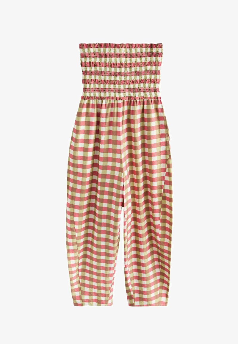 Combinaison bustier à motif à carreaux roses et beiges, avec un buste élastiqué froncé et des jambes amples et courtes.