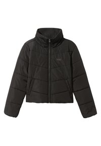 Veste matelassée noire Vans avec fermeture éclair intégrale à l'avant, col montant et poches latérales, conçue pour la chaleur et un usage décontracté.