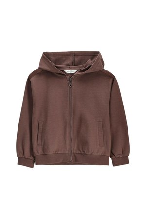 Brown zip-up hoodie with hood, ribbed cuffs, and two front pockets, shown against a white background.