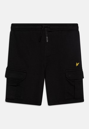 Čierne cargo šortky z mäkkého materiálu, so bočnými vreckami, pásom na šnúrku a diskrétnym žltým logom.