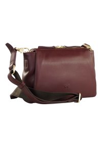Borsa a tracolla in pelle bordeaux con hardware dorato, forma rettangolare, chiusura superiore con zip e tracolla regolabile. Presenta dettagli con logo impresso.
