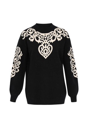 Melna džemperis ar sarežģītām krēmkrāsas izšūtām ziedu ornamentiem uz krūšu un piedurknēm. Apaļš kakls un ribota apakša.