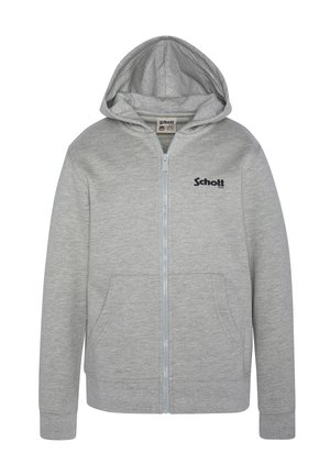 Grijze hoodie met ritssluiting, gemaakt van zachte stof, met een ritssluiting aan de voorkant, twee zijzakken en een capuchon met een logo op de linkerkant van de borst.