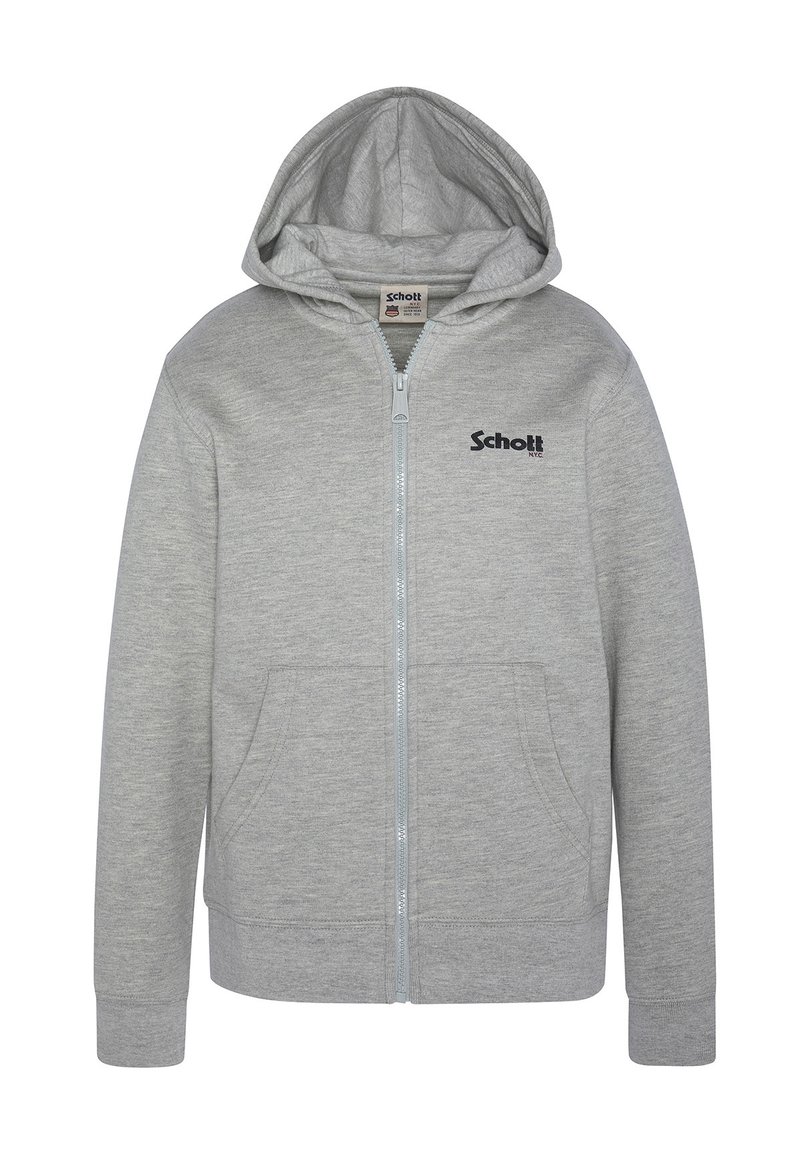 Felpa grigia con zip realizzata in tessuto morbido, dotata di una cerniera frontale, due tasche laterali e un cappuccio con un logo sul lato sinistro del petto.