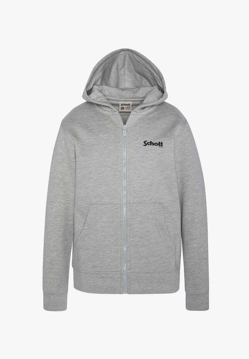 Felpa grigia con zip realizzata in tessuto morbido, dotata di una cerniera frontale, due tasche laterali e un cappuccio con un logo sul lato sinistro del petto.