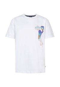 Hvid bomulds t-shirt med rund halsudskæring, der har et farverigt fuglegraphic og tekstlogo på brystet. Korte ærmer, standard pasform.