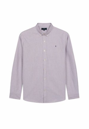 Dwukolorowa, pasiaste koszula z długim rękawem w jasnym fioletowym i białym kolorze, z zapięciem na guziki z przodu, ozdobiona małym haftowanym logo na piersi. Miękka bawełniana tkanina.