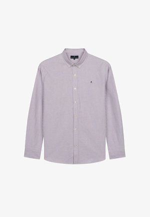 Chemise à manches longues rayée en violet clair et blanc, avec un devant boutonné et un petit logo brodé sur la poitrine. Tissu en coton doux.