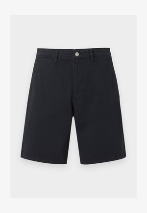 Černé šortky ke kolenům s poutky na pásek, předním knoflíkem a bočními kapsami, zobrazené na bílém pozadí.