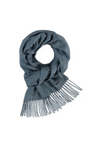 Mørkegrå strikket tørklæde med frynser, der fremhæver en blød tekstur og et rundt infinity-design. Inkluderer et subtilt brandmærke.