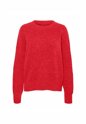Maglione rosso a maglia caratterizzato da maniche lunghe, scollatura rotonda e una consistenza morbida, con una vestibilità leggermente rilassata e polsini a coste.