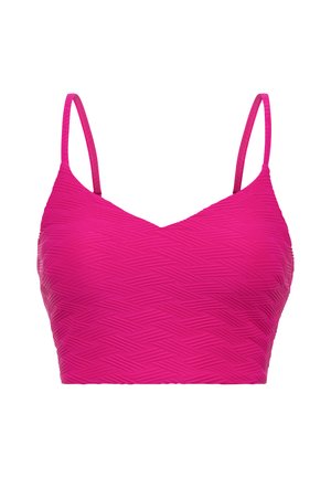 Fuchsia-pink, strukturierter Bikini-Oberteil mit V-Ausschnitt und verstellbaren Spaghettiträgern. Hergestellt aus dehnbarem Material; mit einem Zickzackmuster.