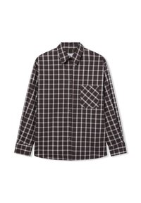Camicia a maniche lunghe in plaid con un motivo a quadri marrone e bianco, colletto con bottoni e taschino sul lato sinistro con un design a quadri diagonali.